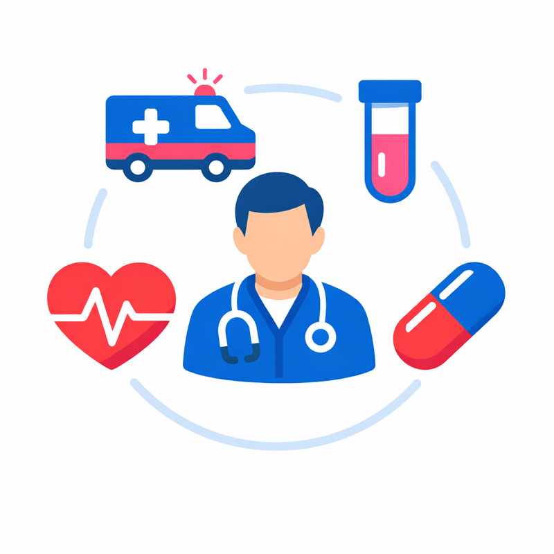 Healthcare services illustration showing ambulance, doctor consultation, home care, and lab test icons